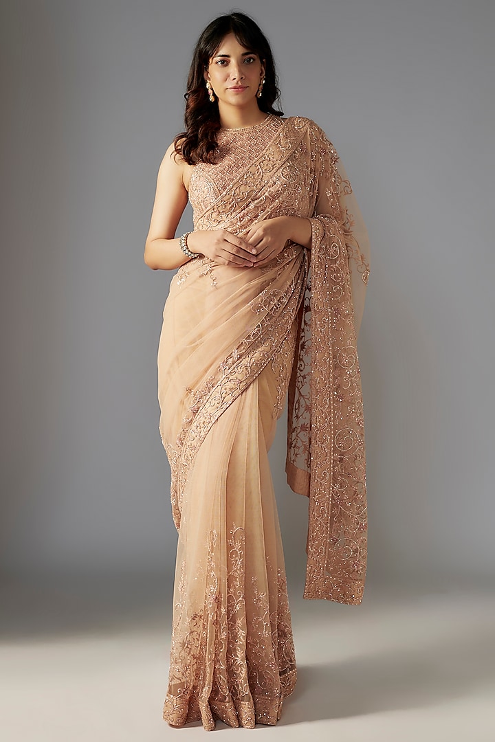 Nude Net Hand Embroidered Saree Set by Maisolos at Pernia's Pop Up Shop