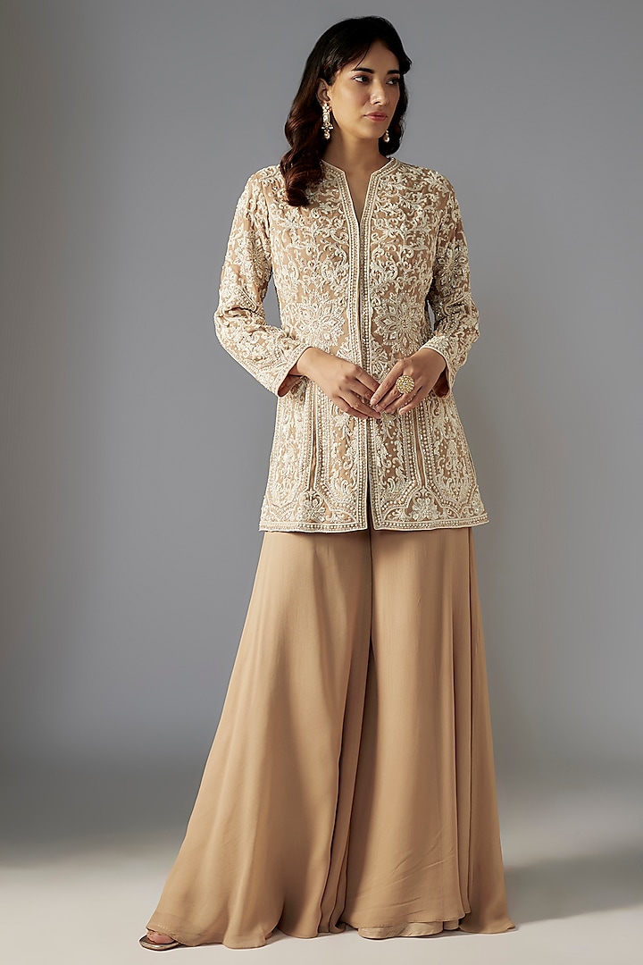 Nude Georgette Flared Sharara Set by Maisolos at Pernia's Pop Up Shop