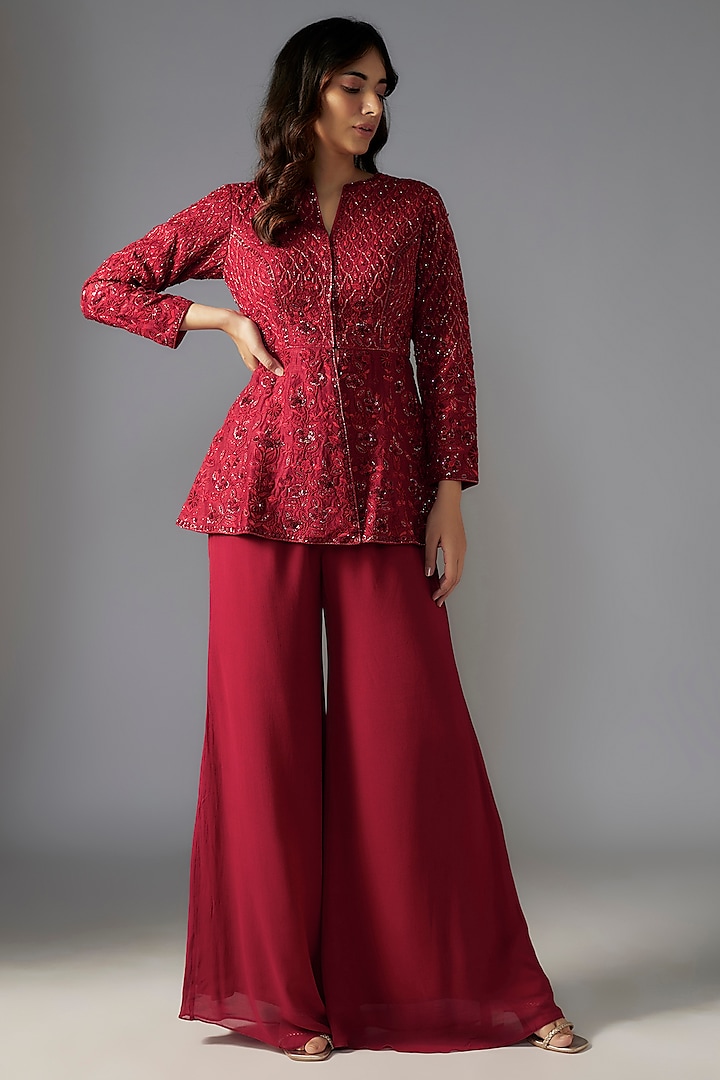 Red Georgette Flared Sharara Set by Maisolos at Pernia's Pop Up Shop