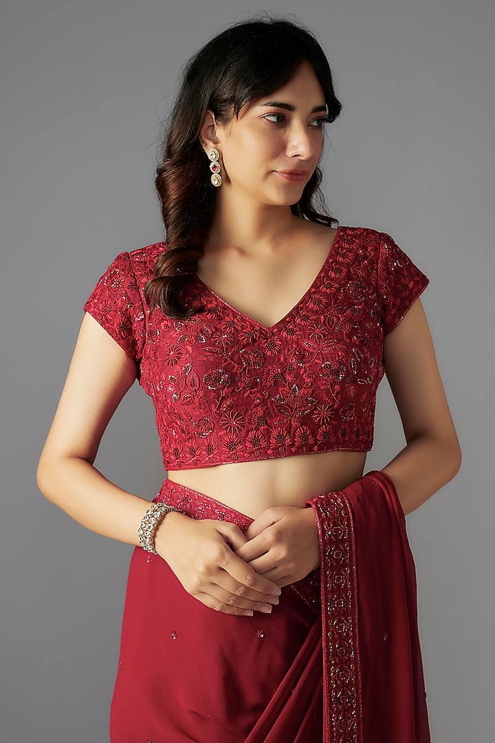 Red Georgette Hand Embroidered Bridal Saree Set by Maisolos at Pernia's Pop Up Shop