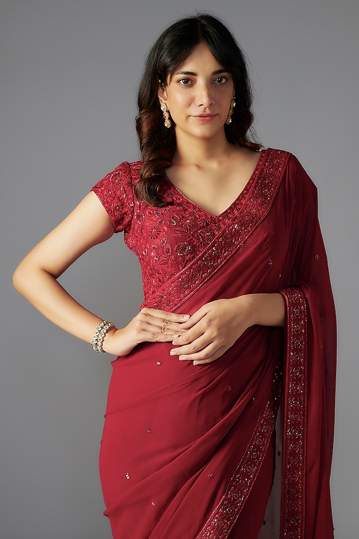 Red Georgette Hand Embroidered Bridal Saree Set by Maisolos at Pernia's Pop Up Shop