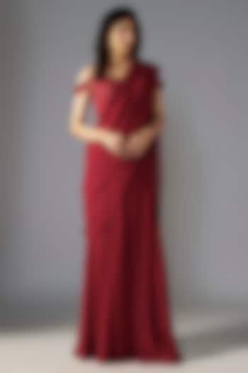 Red Georgette Hand Embroidered Draped Wedding Saree Set by Maisolos at Pernia's Pop Up Shop