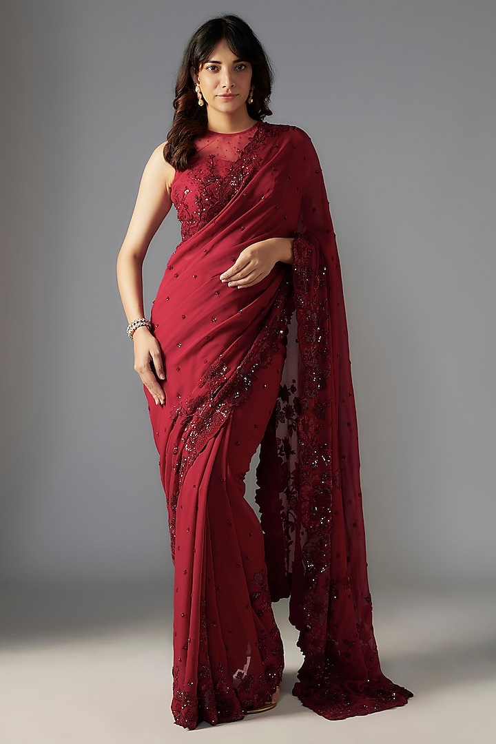 Maroon Georgette Hand Embroidered Saree Set by Maisolos at Pernia's Pop Up Shop