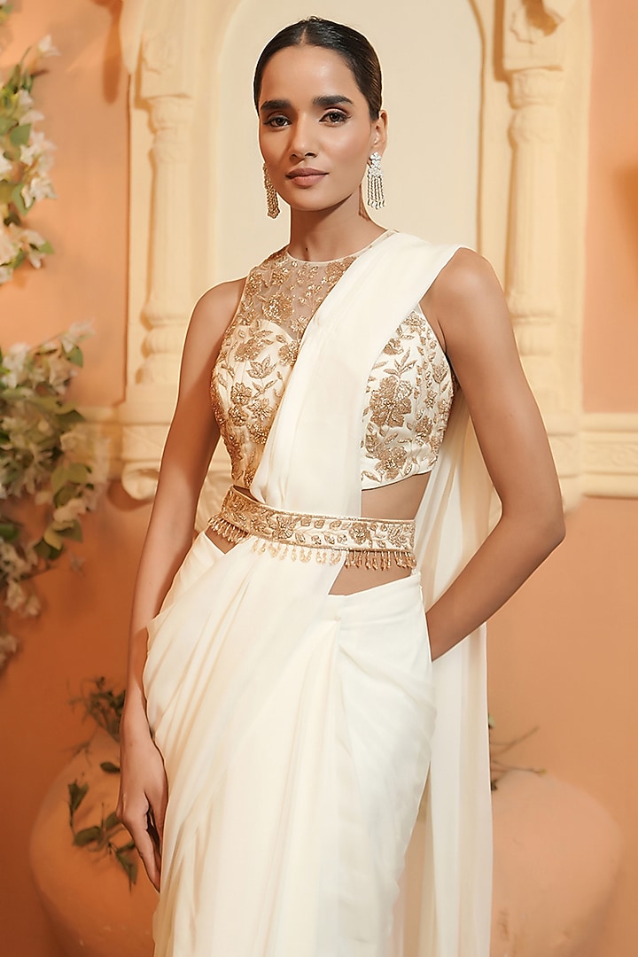 Ivory Georgette Pre-Stitched Draped Wedding Saree Set by Maisolos at Pernia's Pop Up Shop