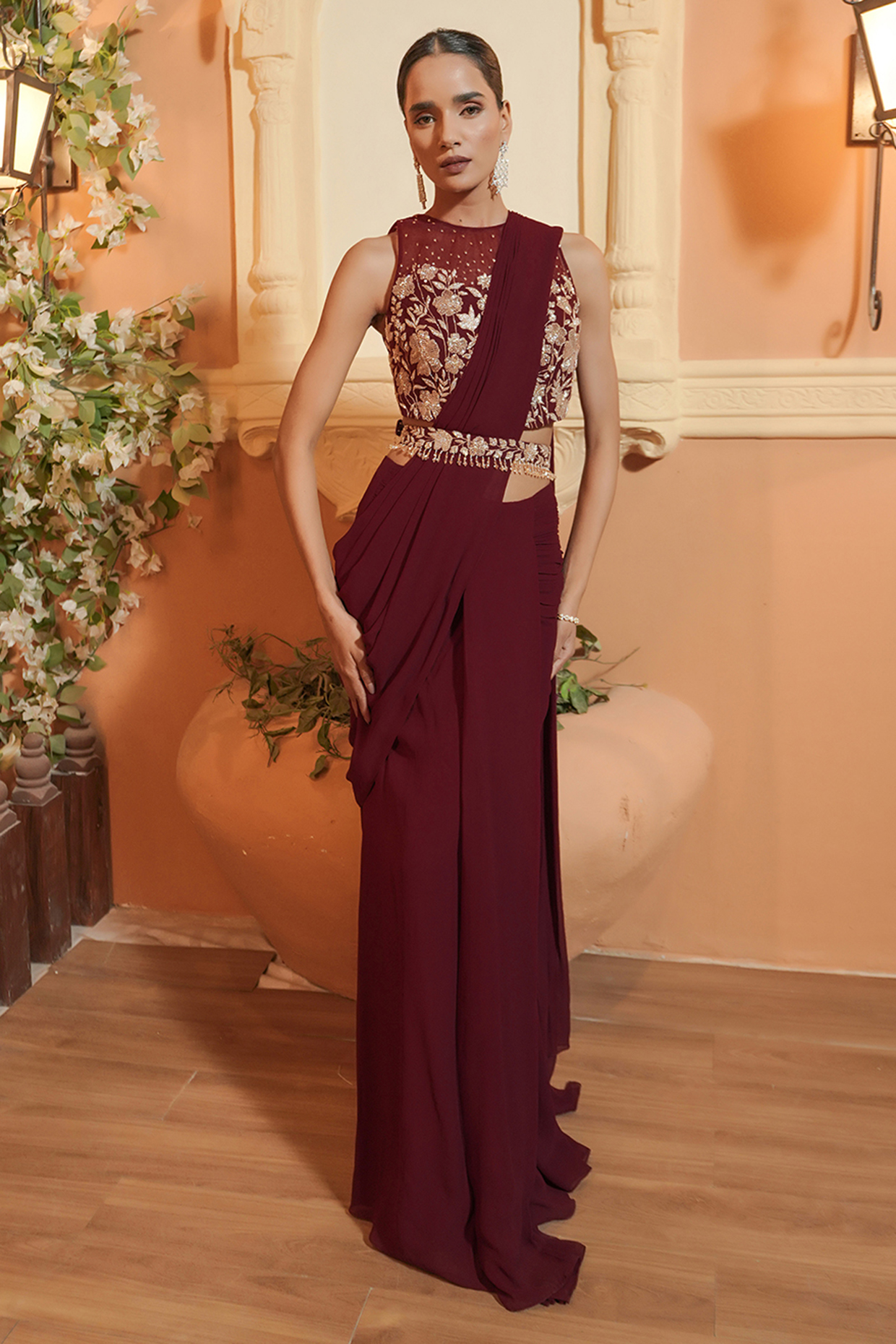Maroon Georgette Ruched Draped Wedding Saree Set by Maisolos at Pernia's Pop Up Shop