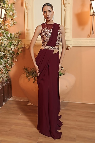 Maroon Georgette Ruched Draped Saree Set by Maisolos