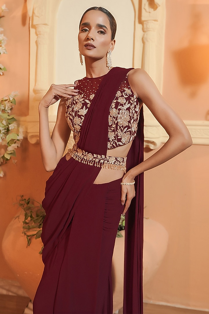 Maroon Georgette Ruched Draped Wedding Saree Set by Maisolos at Pernia's Pop Up Shop