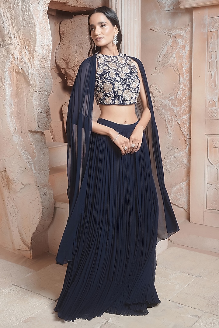 Navy Blue Georgette Skirt Set by Maisolos at Pernia's Pop Up Shop