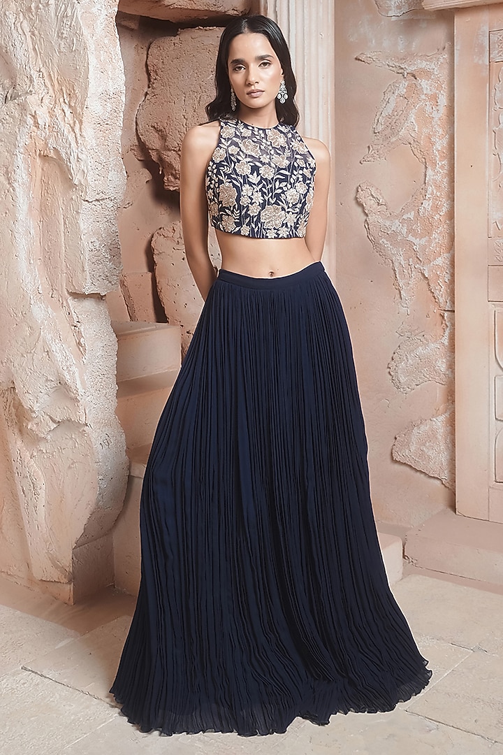 Navy Blue Georgette Skirt Set by Maisolos at Pernia's Pop Up Shop