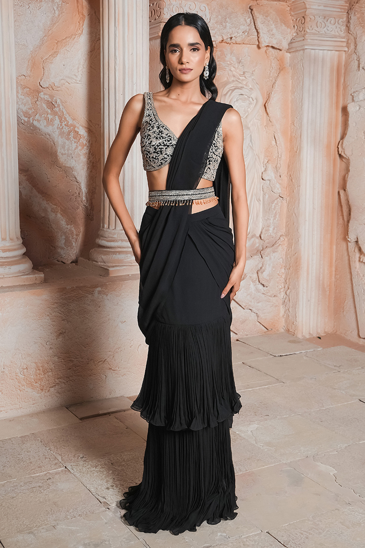 Black Georgette Draped Wedding Saree Set by Maisolos at Pernia's Pop Up Shop