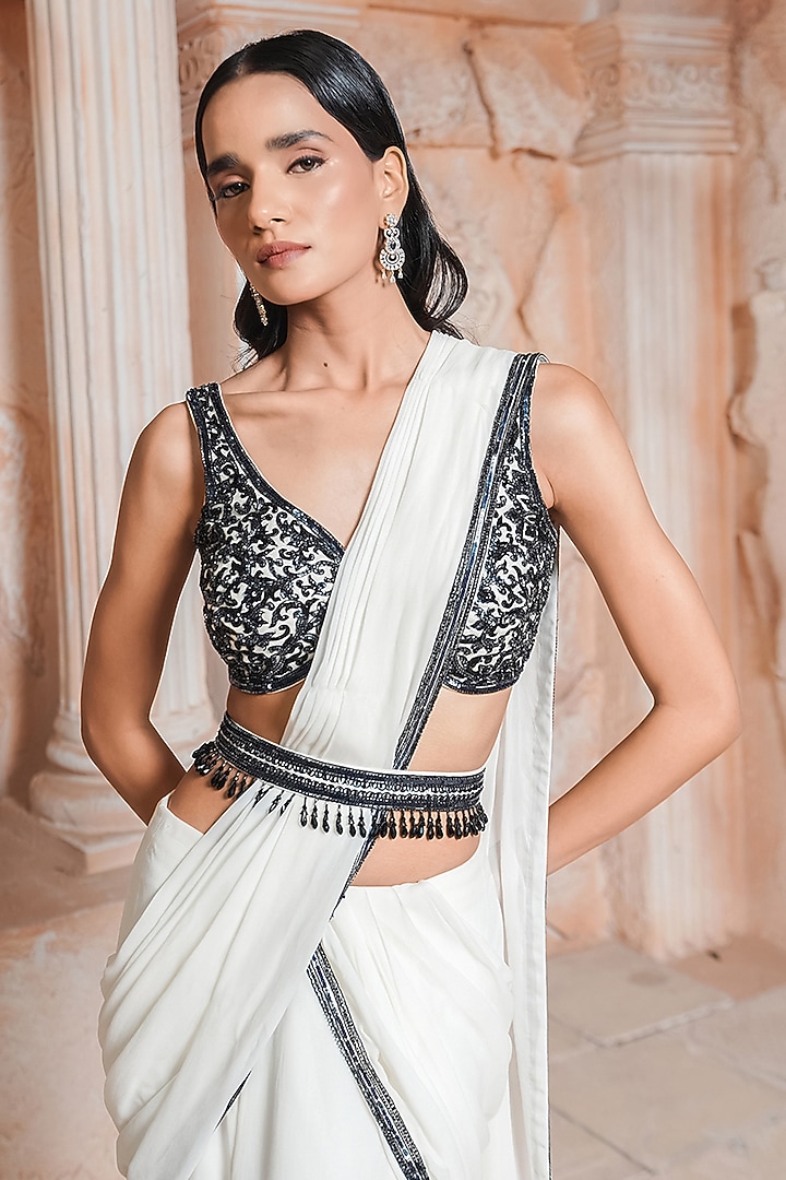 Ivory Georgette Draped Wedding Saree Set by Maisolos at Pernia's Pop Up Shop