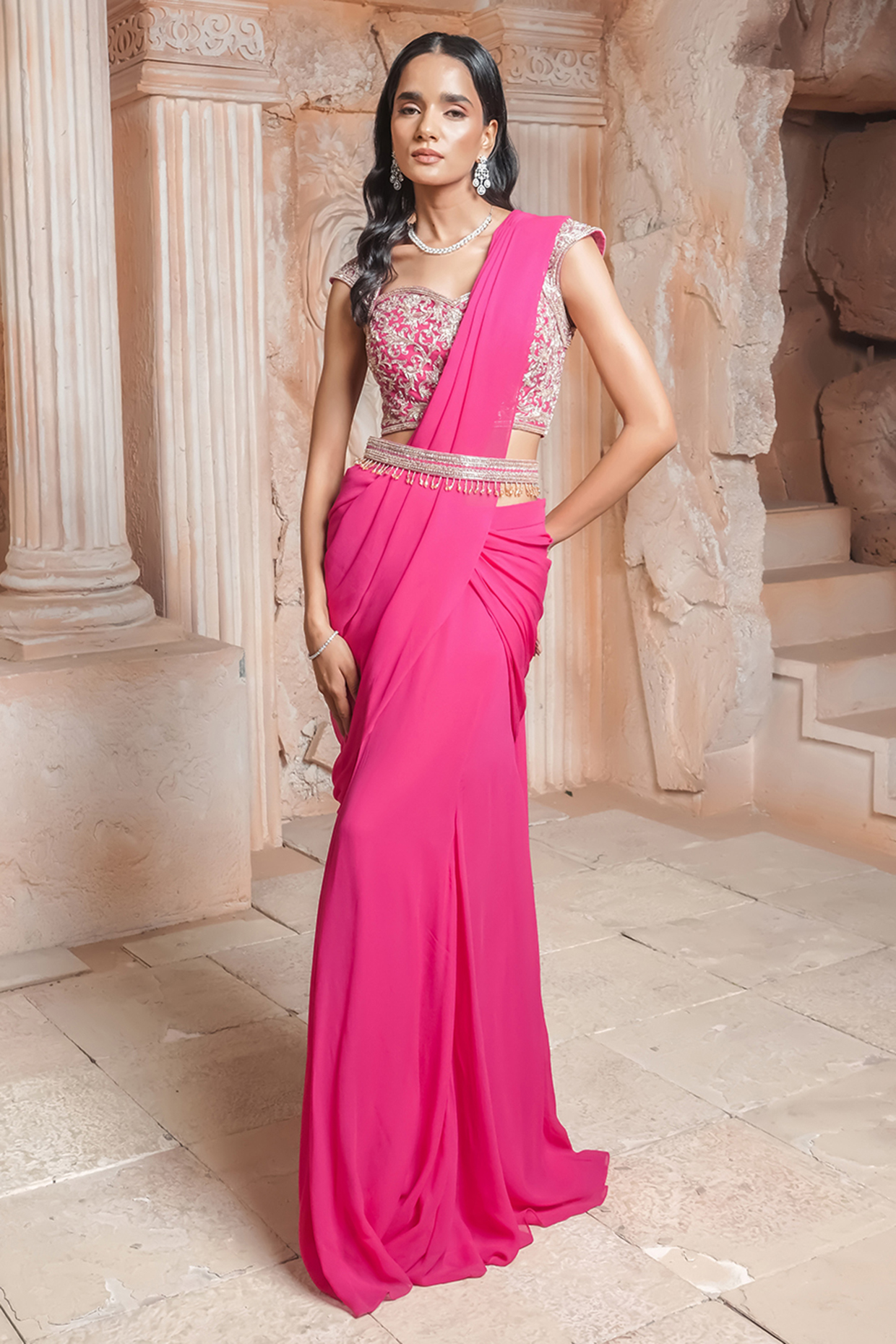 Fuchsia Pink Georgette Mermaid Draped Wedding Saree Set by Maisolos at Pernia's Pop Up Shop