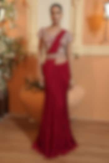Cherry Red Georgette Gathered Skirt Saree Set by Maisolos at Pernia's Pop Up Shop