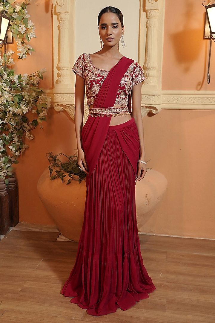 Cherry Red Georgette Gathered Skirt Saree Set by Maisolos at Pernia's Pop Up Shop