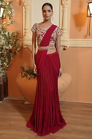 Cherry Red Georgette Gathered Skirt Saree Set by Maisolos
