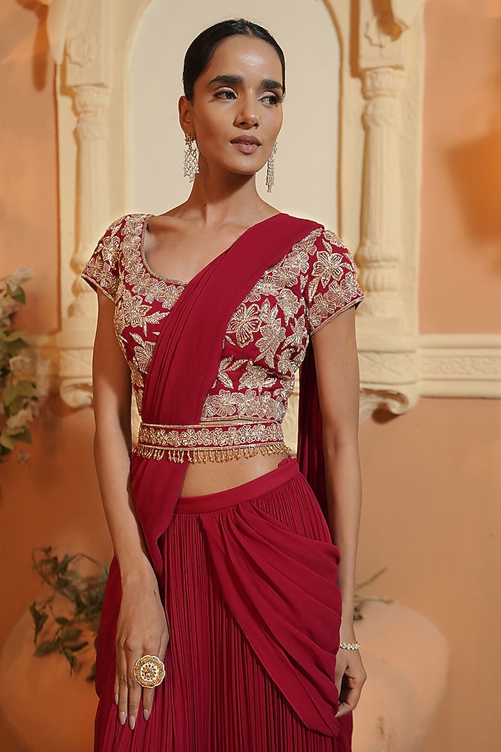 Cherry Red Georgette Gathered Skirt Saree Set by Maisolos at Pernia's Pop Up Shop