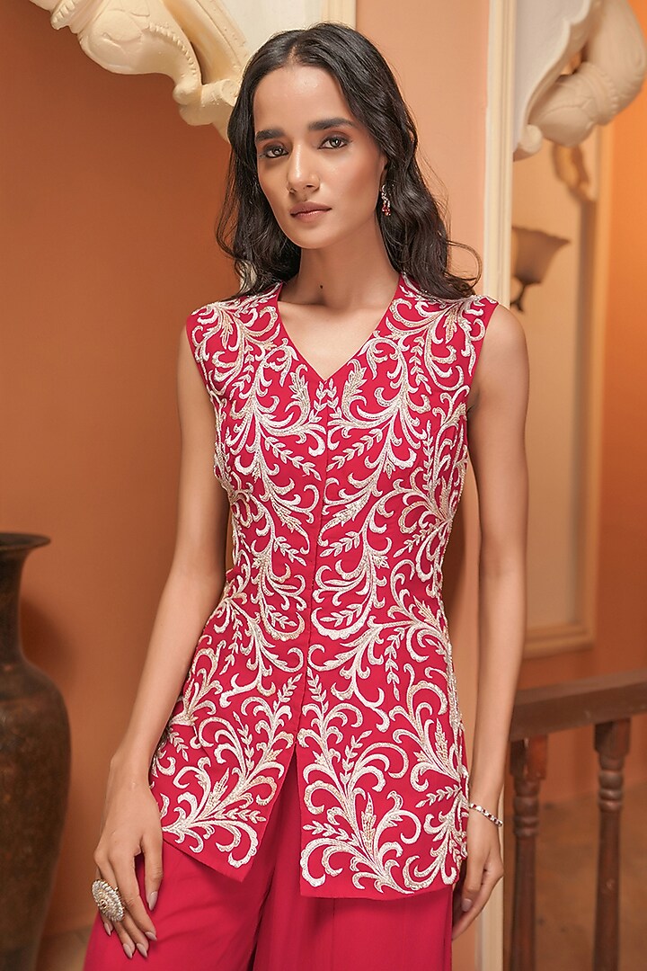 Cherry Red Net Embroidered Jacket Set by Maisolos at Pernia's Pop Up Shop