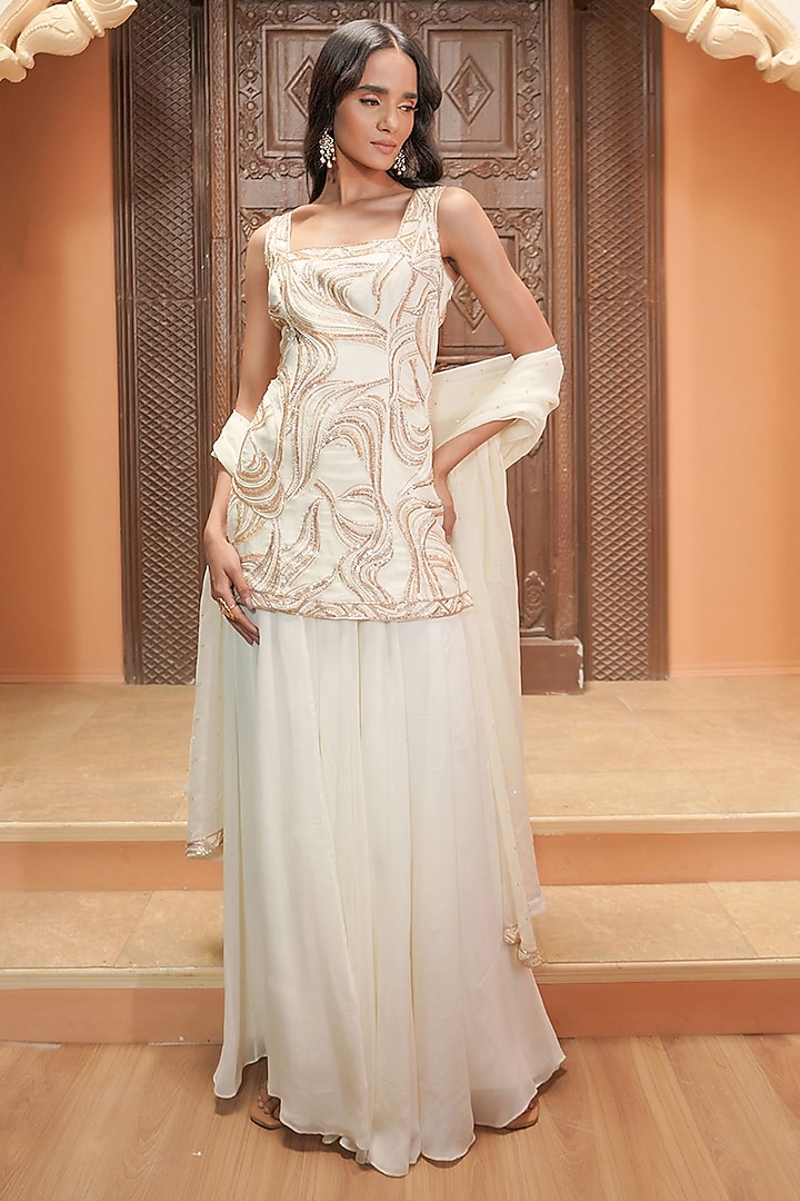 Ivory Georgette Wedding Sharara Set by Maisolos at Pernia's Pop Up Shop
