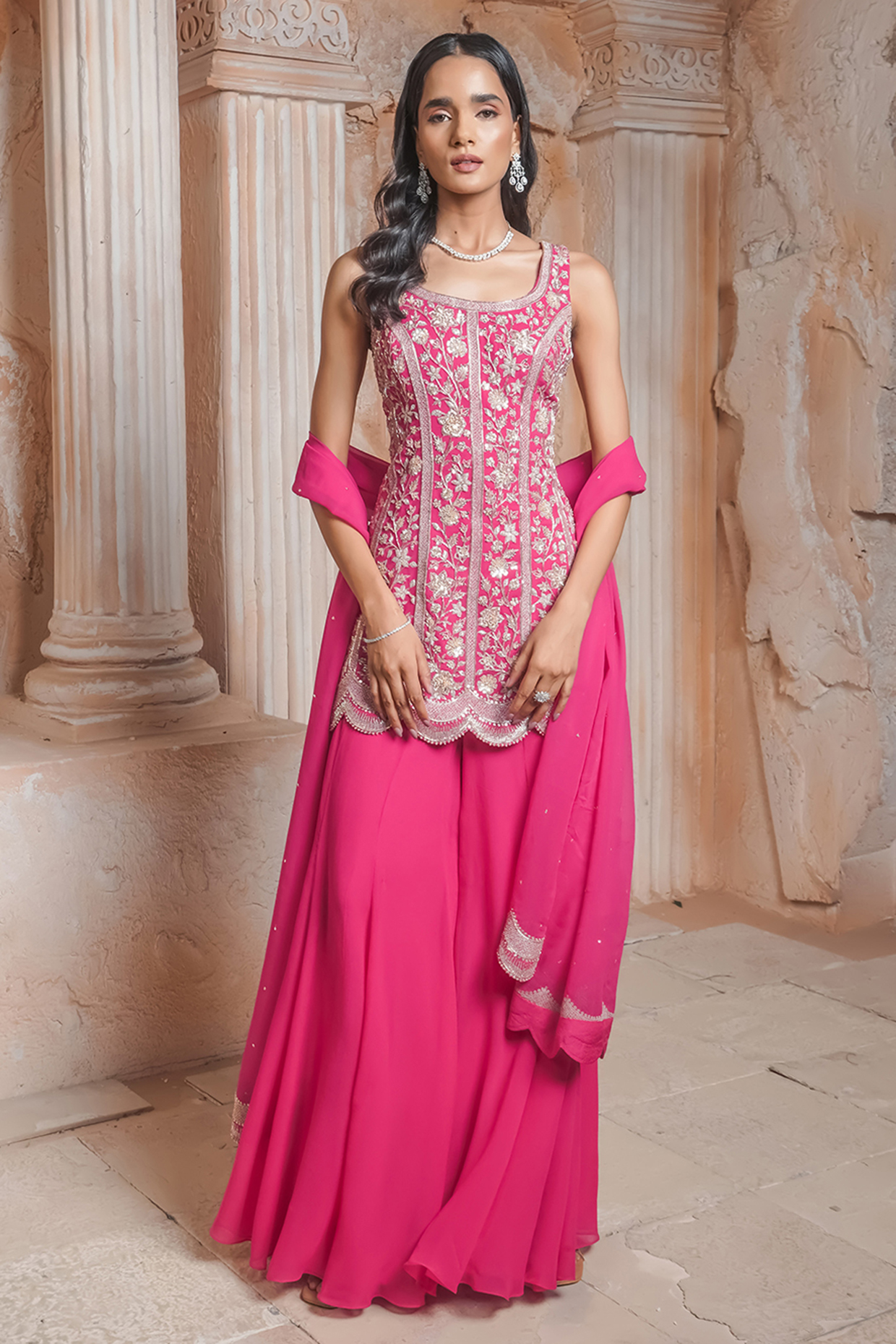 Fuchsia Pink Georgette Sharara Set by Maisolos at Pernia's Pop Up Shop