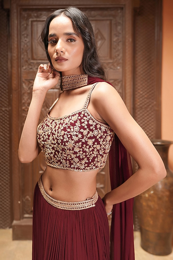Maroon Georgette Wedding Lehenga Set by Maisolos at Pernia's Pop Up Shop