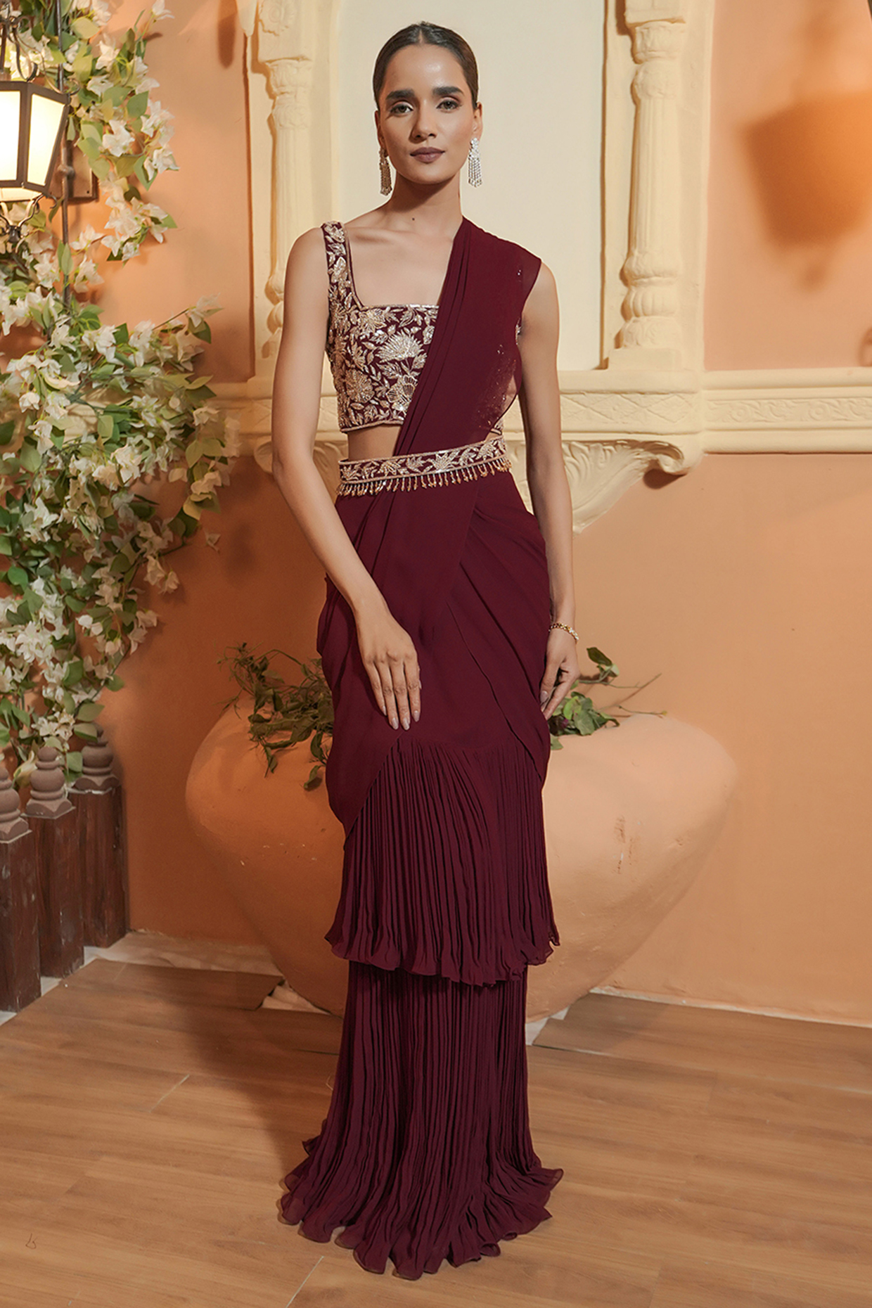 Maroon Georgette Layered Draped Wedding Saree Set by Maisolos at Pernia's Pop Up Shop