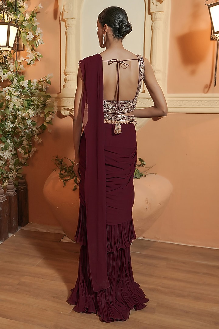 Maroon Georgette Layered Draped Wedding Saree Set by Maisolos at Pernia's Pop Up Shop