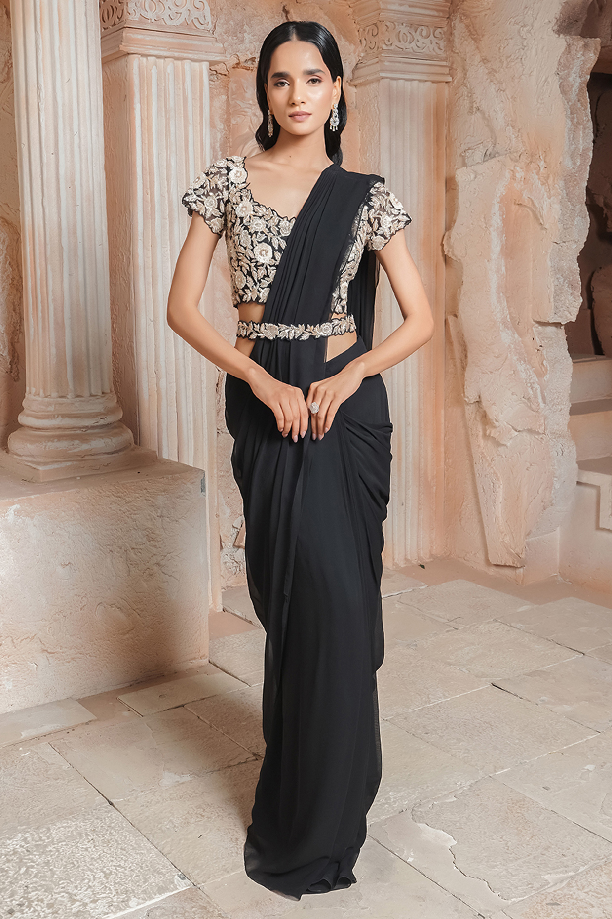 Black Georgette Pre-Stitched Draped Wedding Saree Set by Maisolos at Pernia's Pop Up Shop