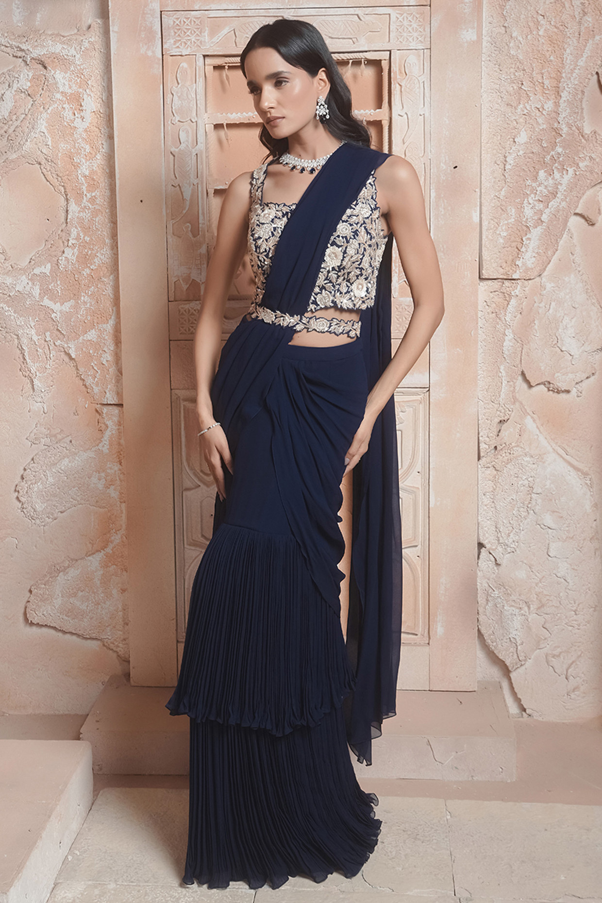Navy Blue Georgette Layered Draped Saree Set by Maisolos at Pernia's Pop Up Shop