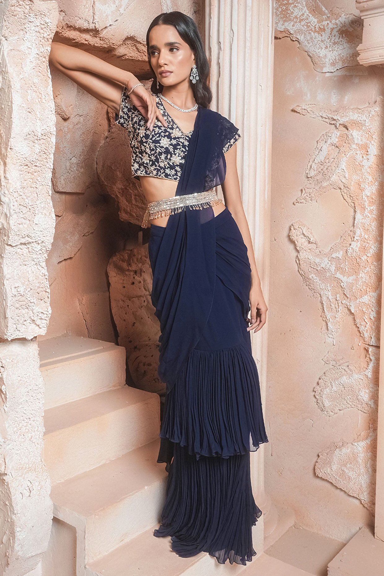 Deep Navy Blue Georgette Layered Draped Wedding Saree Set by Maisolos at Pernia's Pop Up Shop