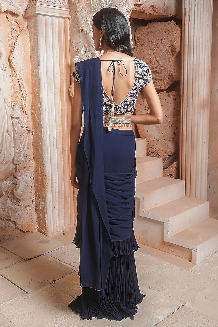 Deep Navy Blue Georgette Layered Draped Wedding Saree Set by Maisolos at Pernia's Pop Up Shop