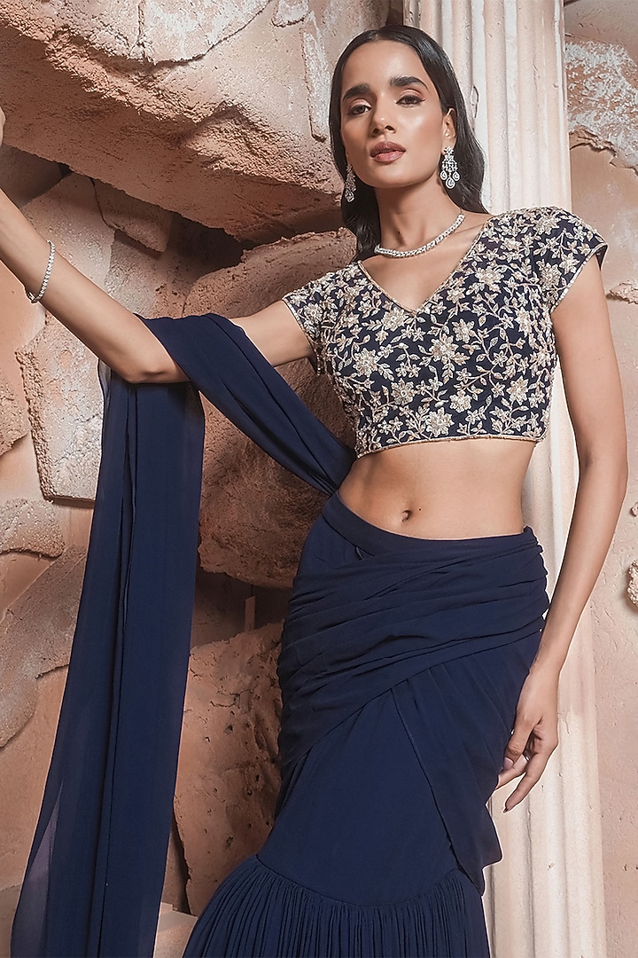 Deep Navy Blue Georgette Layered Draped Wedding Saree Set by Maisolos at Pernia's Pop Up Shop