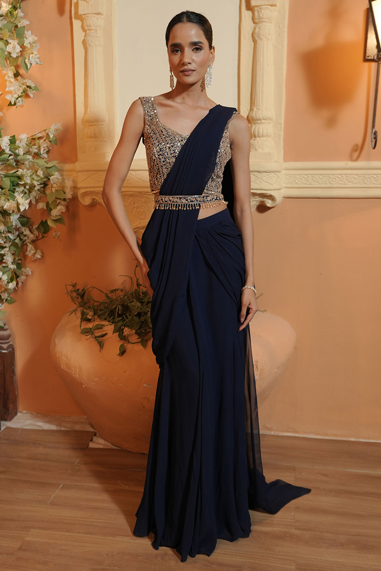 Navy Blue Georgette Mermaid Draped Wedding Saree Set by Maisolos at Pernia's Pop Up Shop