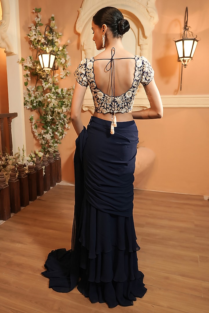 Navy Blue Georgette Draped Wedding Saree Set by Maisolos at Pernia's Pop Up Shop