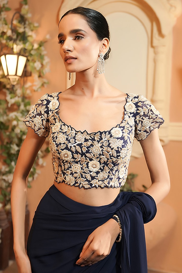 Navy Blue Georgette Draped Wedding Saree Set by Maisolos at Pernia's Pop Up Shop
