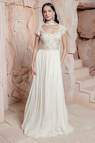 Ivory Net Embroidered Gown by Maisolos