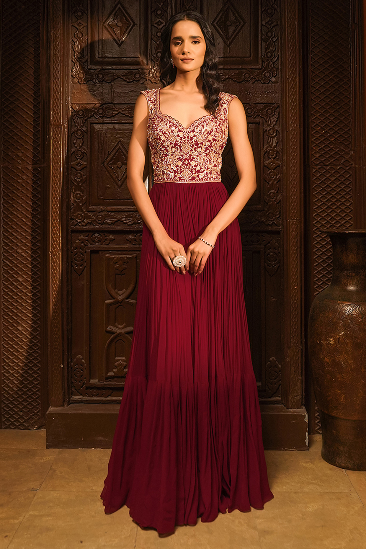 Red Georgette & Net Embroidered Engagement Gown by Maisolos at Pernia's Pop Up Shop