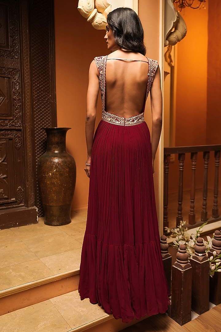 Red Georgette & Net Embroidered Engagement Gown by Maisolos at Pernia's Pop Up Shop