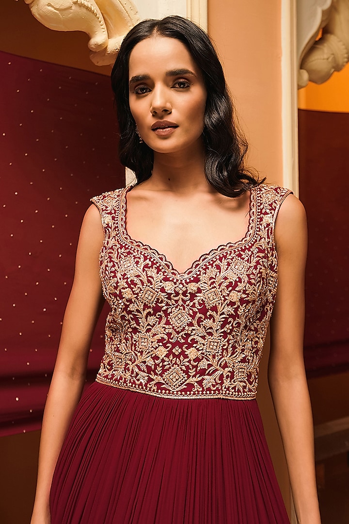 Red Georgette & Net Embroidered Engagement Gown by Maisolos at Pernia's Pop Up Shop