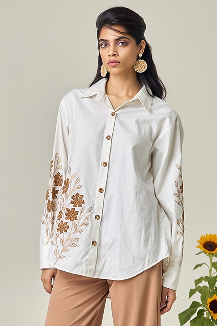 Ivory Poplin Embroidered Shirt by Maisolos at Pernia's Pop Up Shop