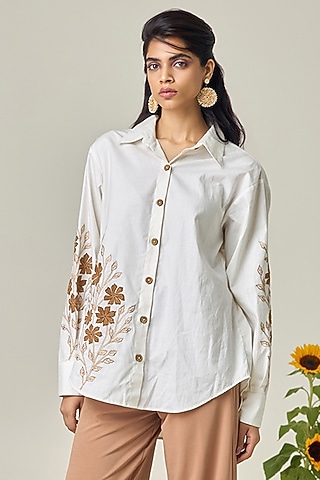 Ivory Poplin Embroidered Shirt by Maisolos