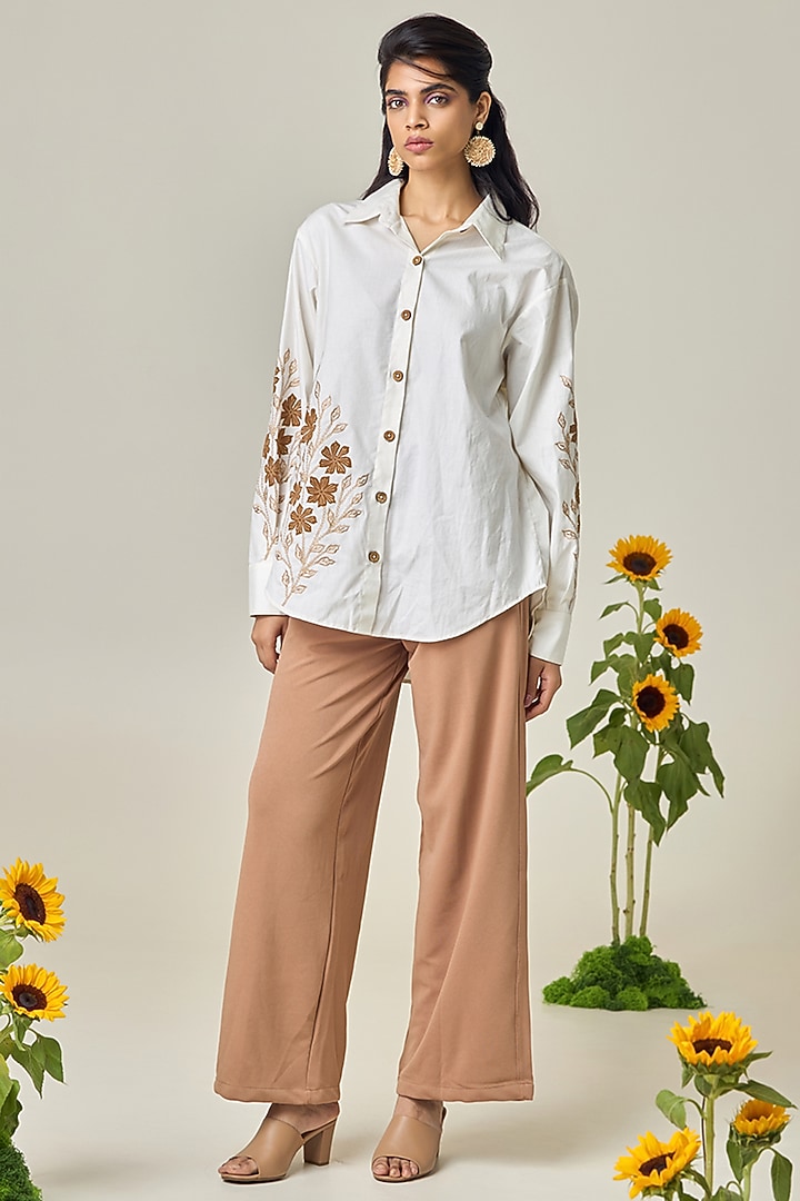 Ivory Poplin Embroidered Shirt by Maisolos at Pernia's Pop Up Shop