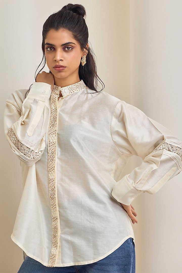 Off-White Poplin Machine Embroidered Shirt by Maisolos at Pernia's Pop Up Shop