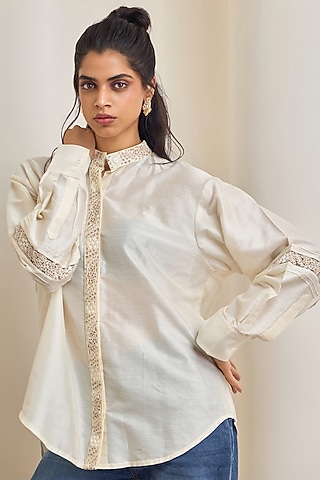Off-White Poplin Machine Embroidered Shirt by Maisolos