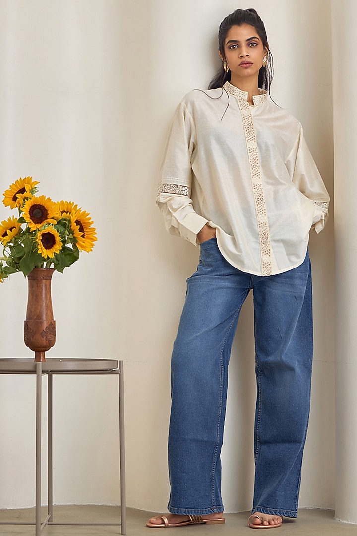 Off-White Poplin Machine Embroidered Shirt by Maisolos at Pernia's Pop Up Shop