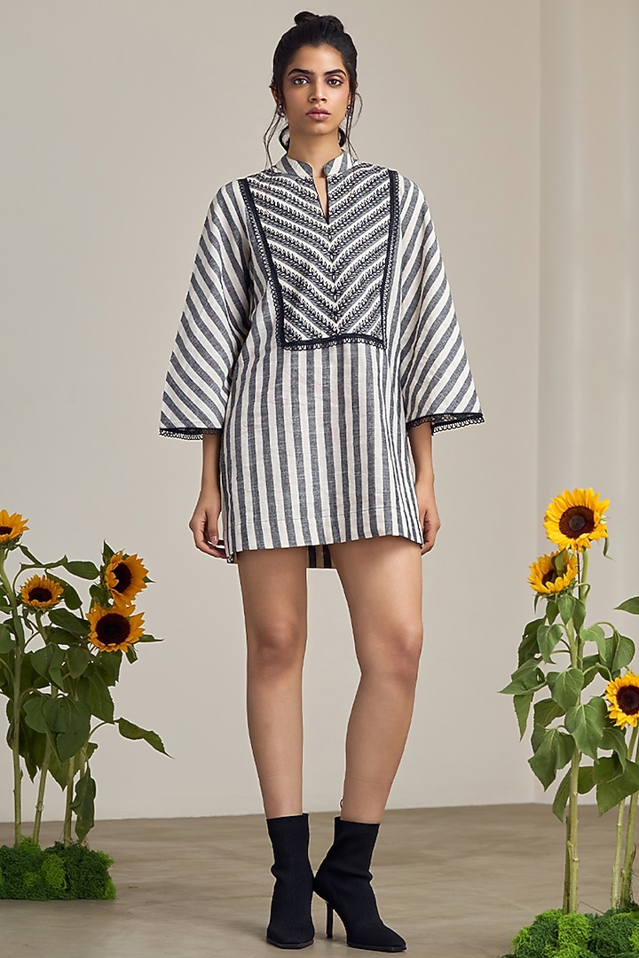 Ivory & Black Cotton Machine Embroidered Mini Summer Dress by Maisolos at Pernia's Pop Up Shop