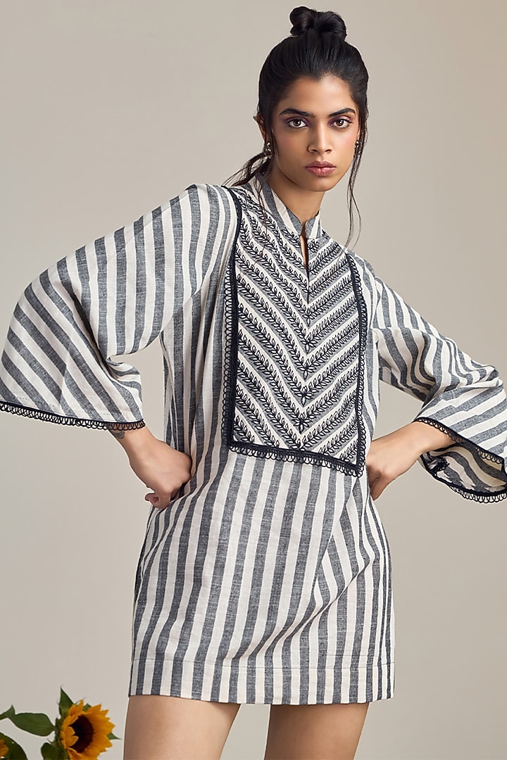 Ivory & Black Cotton Machine Embroidered Mini Summer Dress by Maisolos at Pernia's Pop Up Shop