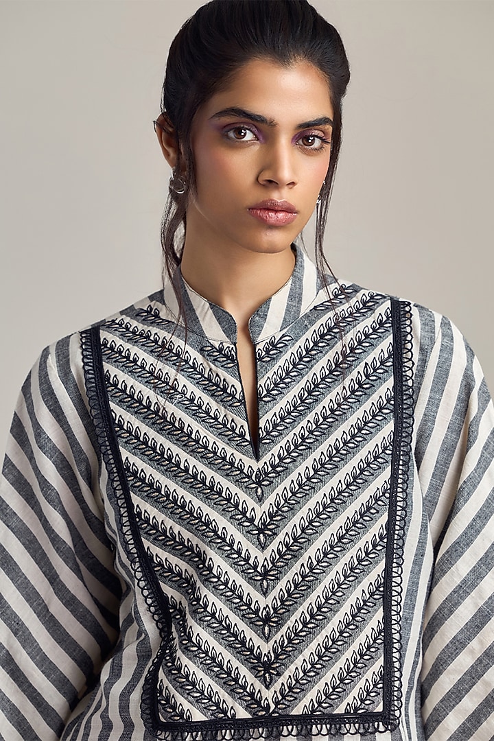 Ivory & Black Cotton Machine Embroidered Mini Summer Dress by Maisolos at Pernia's Pop Up Shop