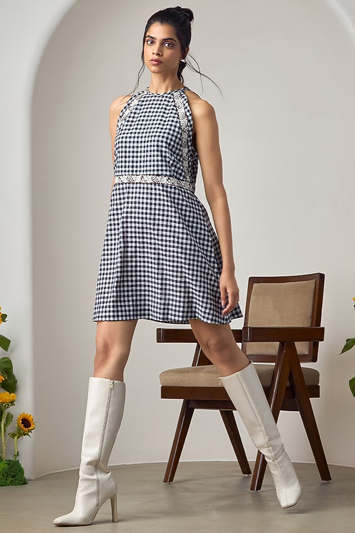 Black & White Cotton Machine Embroidered Mini Summer Dress by Maisolos at Pernia's Pop Up Shop