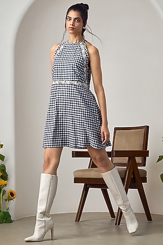 Black & White Cotton Machine Embroidered Mini Dress by Maisolos