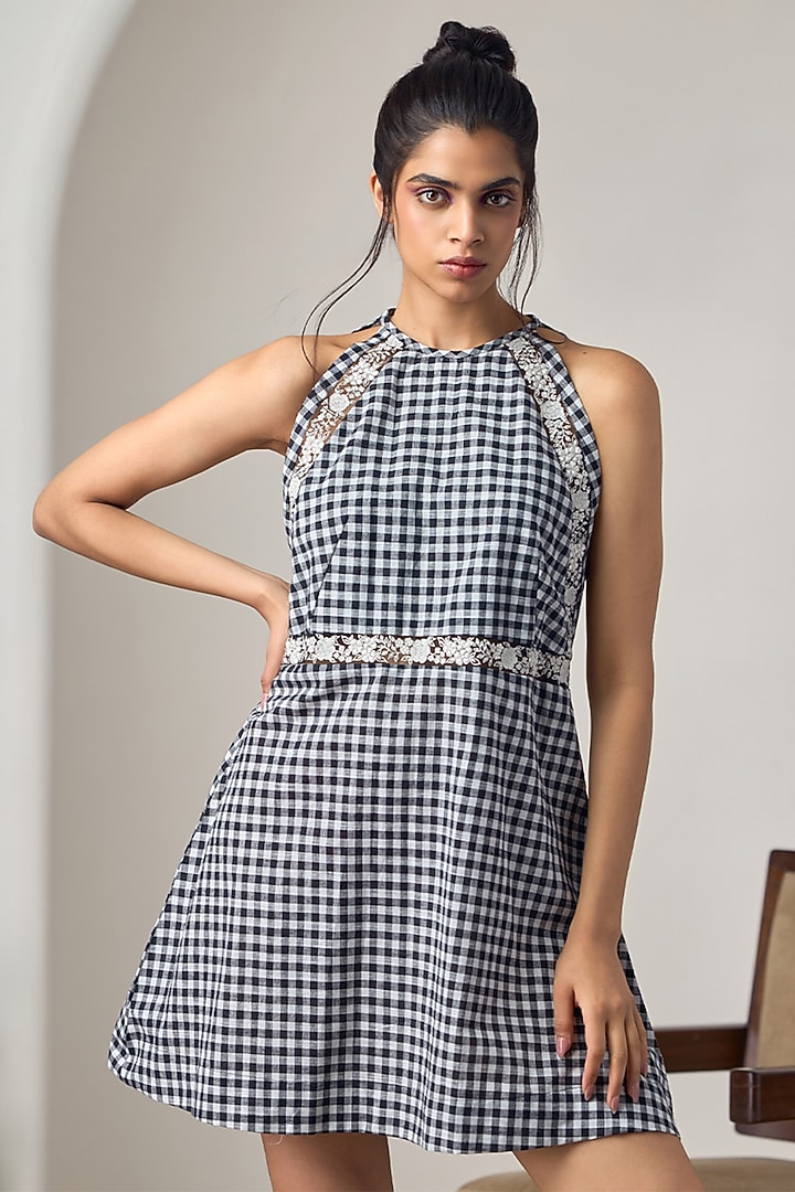 Black & White Cotton Machine Embroidered Mini Summer Dress by Maisolos at Pernia's Pop Up Shop